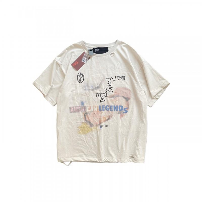 Mens Oversized Cotton Tee With Washed Distressed Letter Print High Street Style Casual T-Shirt