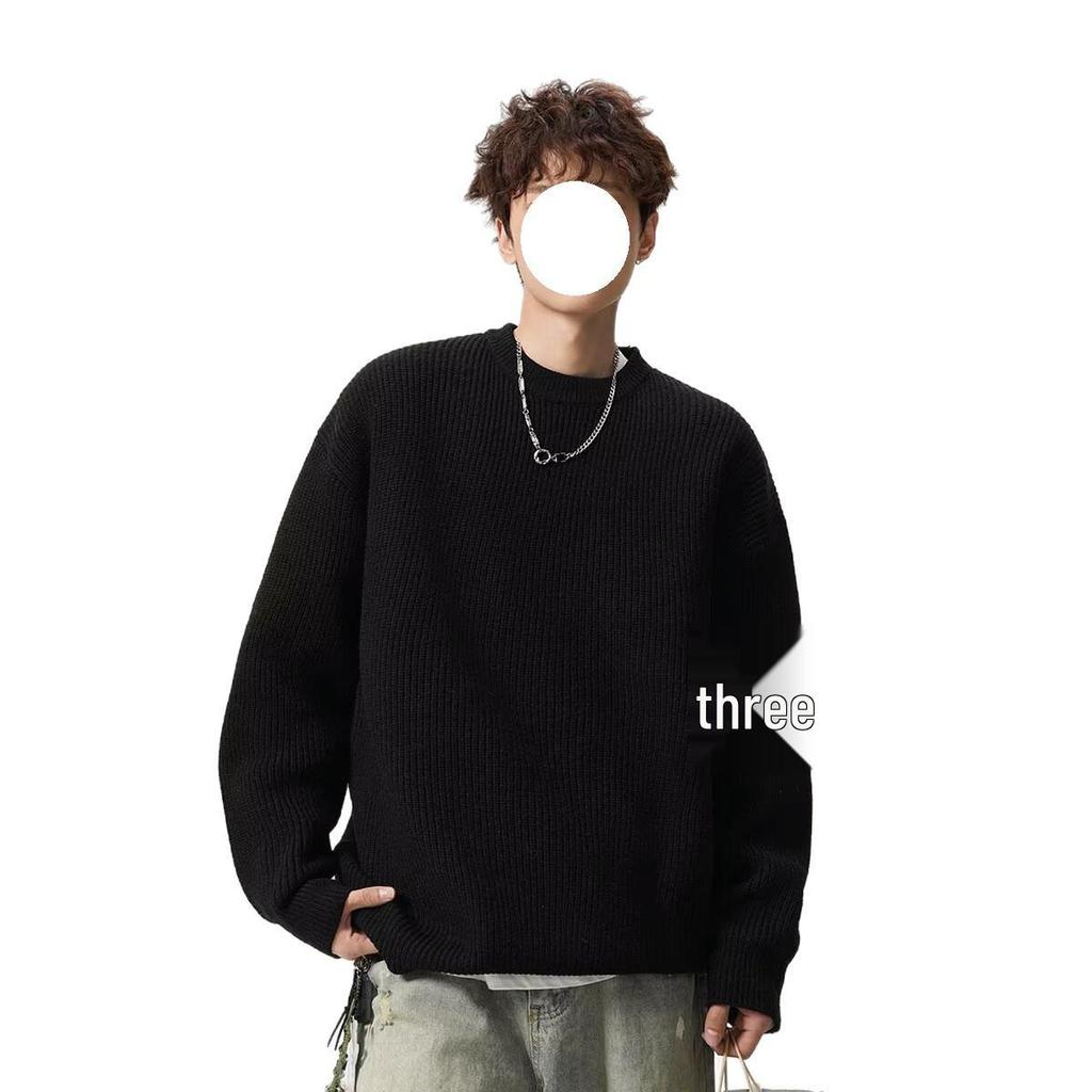 Men's Trendy Solid Color Round Neck Knitted Sweater - Autumn/Winter Casual Long Sleeve Korean Style Base Layer