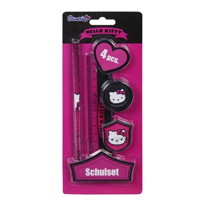 Set de papeterie - HELLO KITTY - 4 pièces - Rose - Crayon - Gomme - Règle