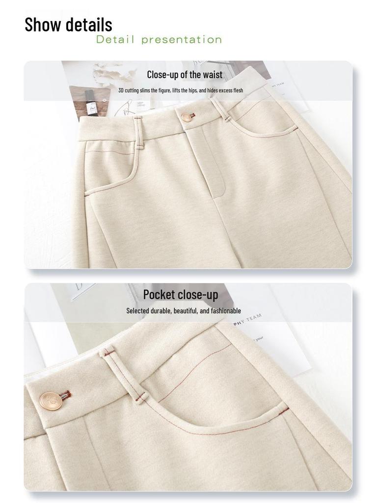 Women's 2024 Beige Cashmere Wide-Leg Pants - Autumn/Winter Style, Drapey Wool Straight-Leg Casuals.