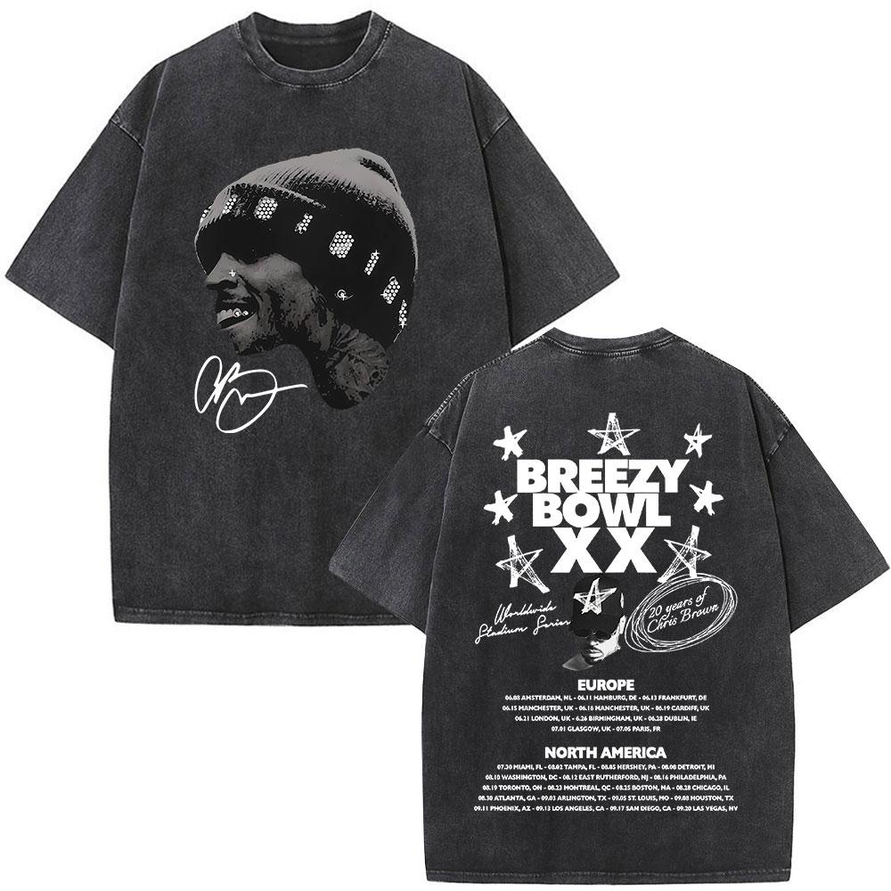 Rapper Chris Brown Breezy Bowl XX Tour 11:11 Vintage Washed T-Shirt Herren Damen Mode Hip Hop T-Shirts Baumwolle Oversized T-Shirts