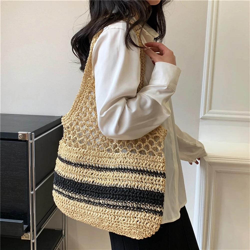 Hollow Straw Women Shoulder Bags Paper Woven Lady Handmade Handbags Summer Beach Large Tote Bag Big Casual Shopper Purses 2025