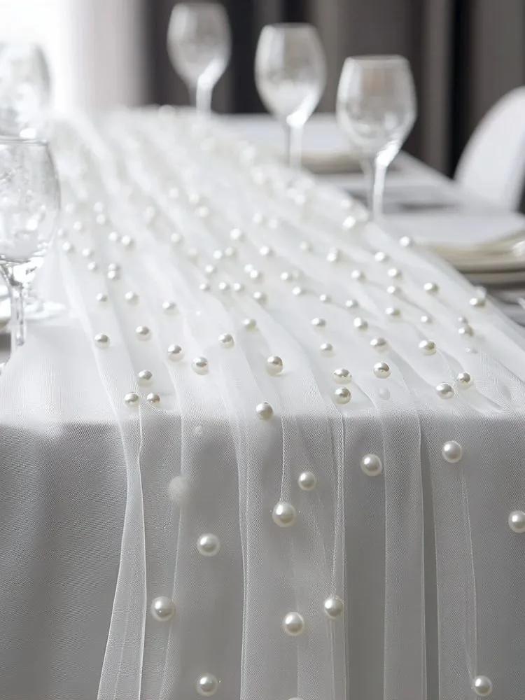 Table tablecloths with pearl tulle decoration designed for table decor at wedding parties