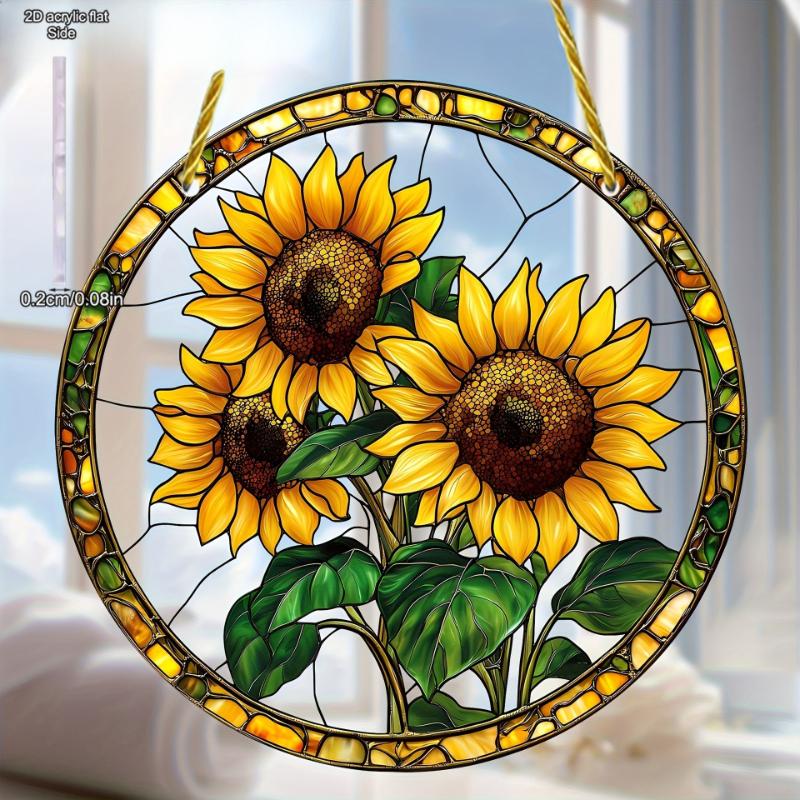 Sonnenblumen-Sonnenuntergangs-Berglandschaft Sonnenfänger Buntglas Rundes Acryl Hängende Dekoration Geeignet für Fenster Sonnenfänger Tür, Sonnenfänger