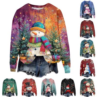 Damen Weihnachten Bedruckter Langarm Rundhals Hoodie Lockeres Oberteil