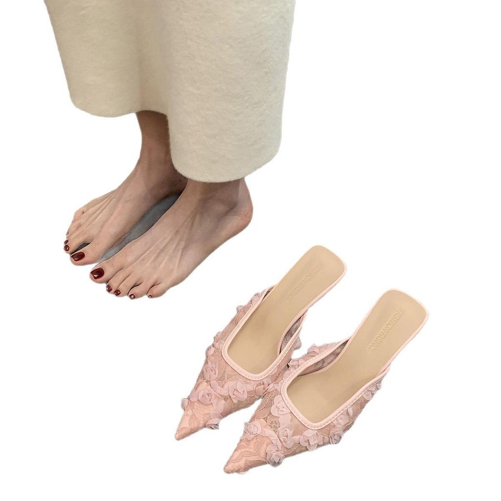 Spring French Net Gauze Flower-shaped Flip-flops for Women with Thin Heels and Pointed Tips Fashionable Cool Flip-flops