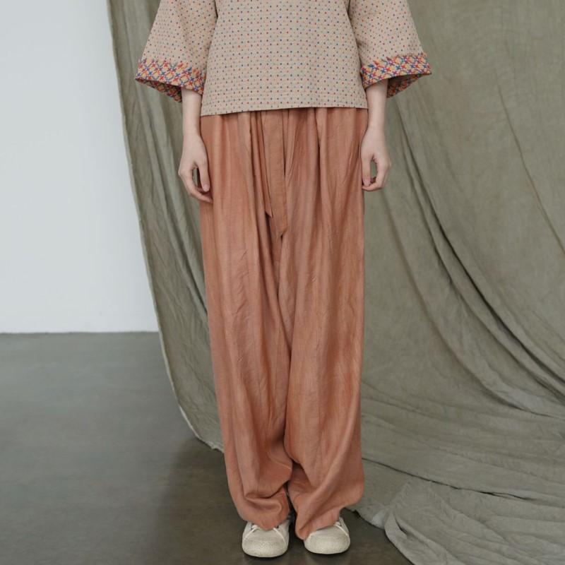 Johnature Women Vintage Pants Elastic Waist Solid Color Belt Trousers Summer Loose Pockets Long Pants