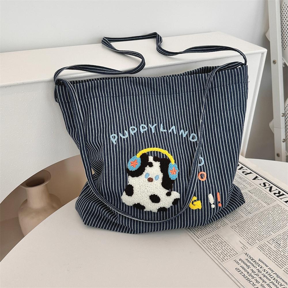 Adorable Korean Style Cartoon Dog Embroidered Striped Canvas Tote Bag For Students