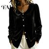 Autumn Shirt Fall Winter Women Velvet Shirt, Regular Fit Button Down Long Sleeve Daily Wear Shirts Top, Soft Solid Color Lapel Collar Blouse for Lady