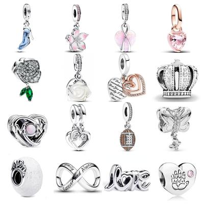 S925 Pläterat Silver Forever Love Familj Ros Hänge Berlock Fotboll Pärla Passar Original Armband Kvinnor DIY Smycken