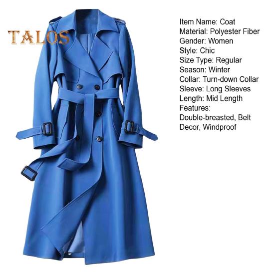 Women Windbreaker Turn-down Collar Loose Pure Color Coat Double-breasted Long Sleeves Belt Decor Overcoat Mid Length with Pockets Windproof Lady