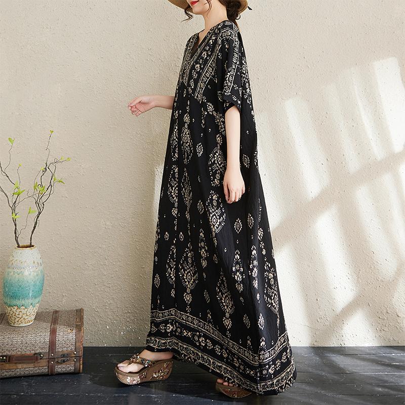 

DIMANAF Women New 2025 Basic Plus Size V-Neck Summer Dress Casual Linen Printing Short Sleeve Dress Loose Dress One Size чёрный