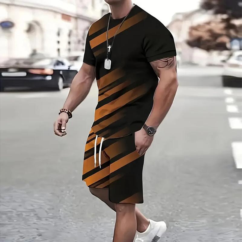 New Men's Striped Letter Pattern Printed Short-Sleeved T-Shirt Set Summer Short-Sleeved T-Shirt Drawstring Shorts 2-Piece Set