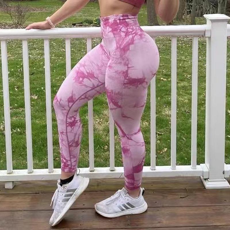 Pantaloni de Yoga pentru Femei cu Talie Înaltă Peach Tie-Dye - Leggings Fitness fără Cusături cu Uscare Rapidă pentru Fesieri