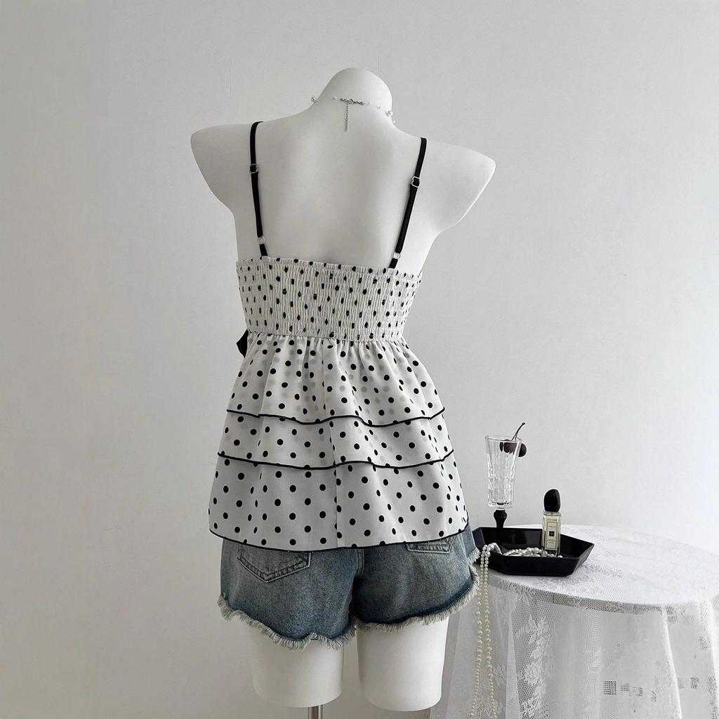 Women's Black & White Polka Dot Spaghetti Strap Lace Tank Top - Sweet & Spicy Spring/Summer Style