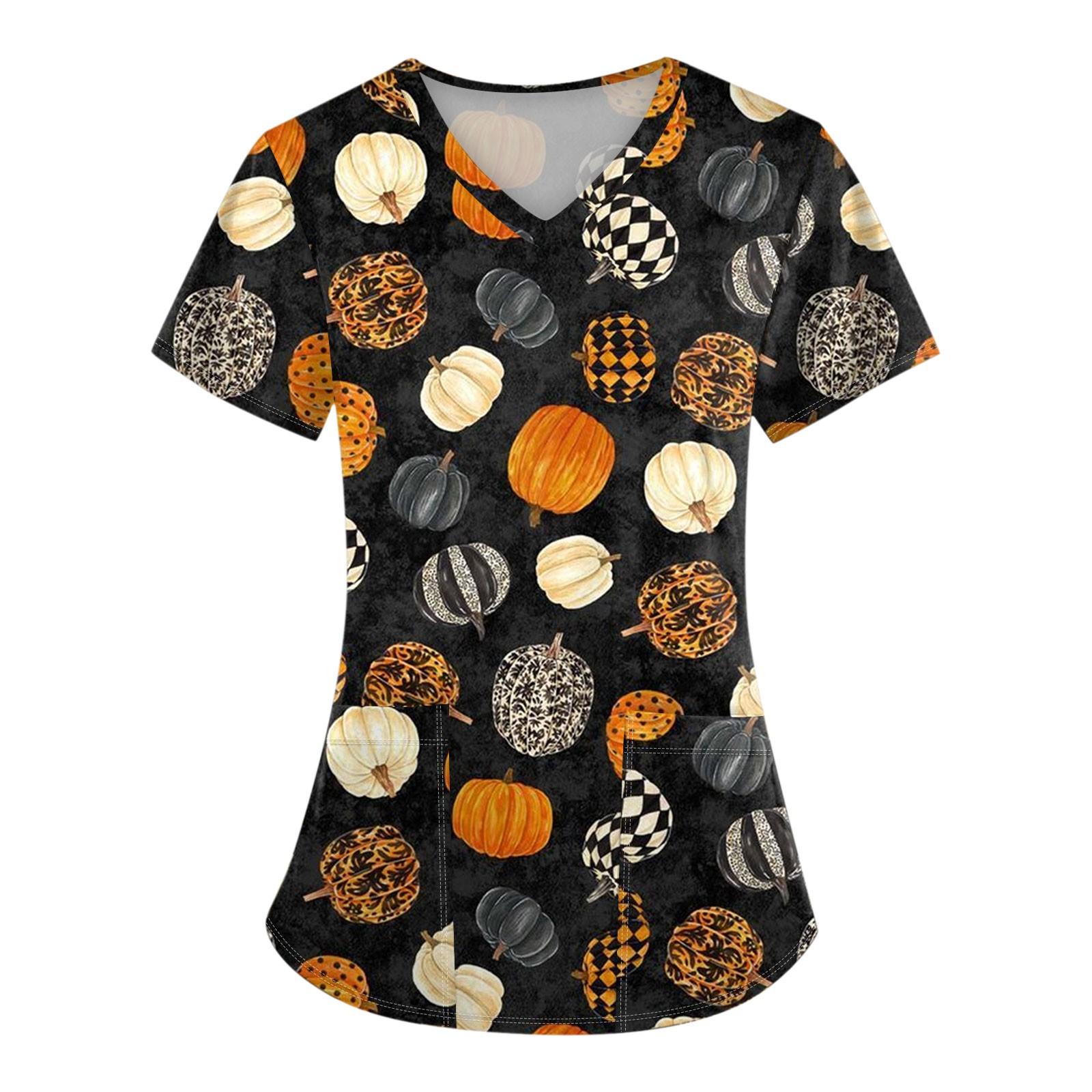 Женская униформа с коротким рукавом и принтом на Хэллоуин с V-образным вырезом и карманом — фото 8