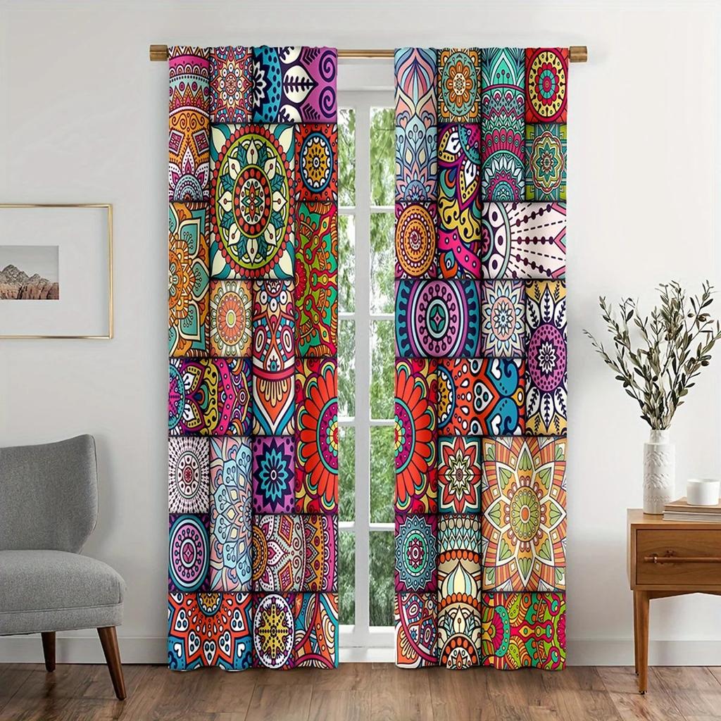 Set Of 2 Bohemian Colorful Mandala Print Curtains Design Drapes Window Decor Polyester Home Curtain With Rod Pocket