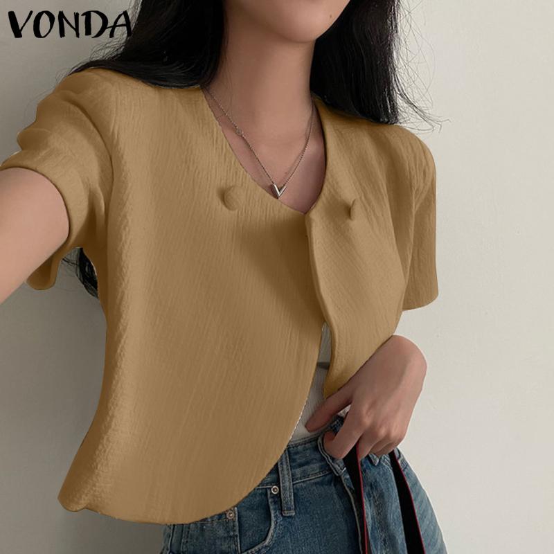 

VONDA Women s Summer V-Neck Short Sleeve Button Solid Color Loose Suit