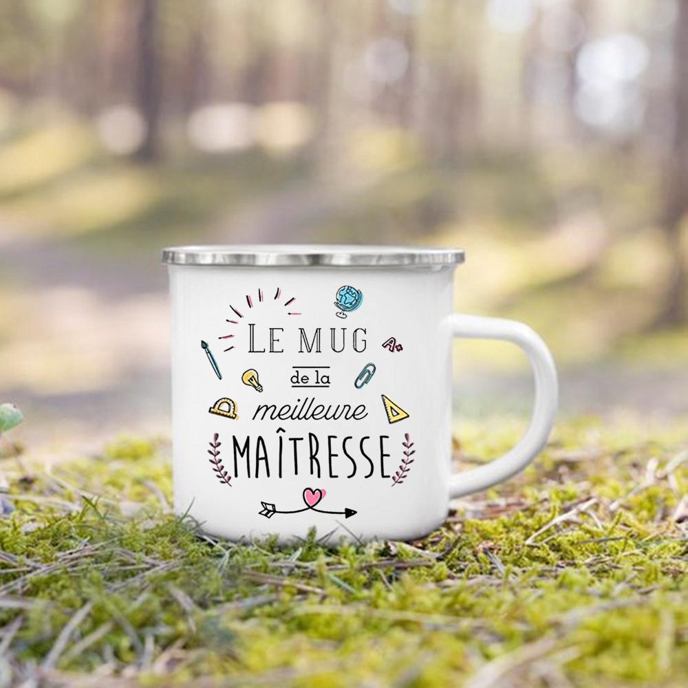 French Print Mugs Creative Coffee Cups Drinks Water Enamel Cup School Handle Drinkware Gifts for Maitresse/Maitre/Atsem/Aesh/Avs
