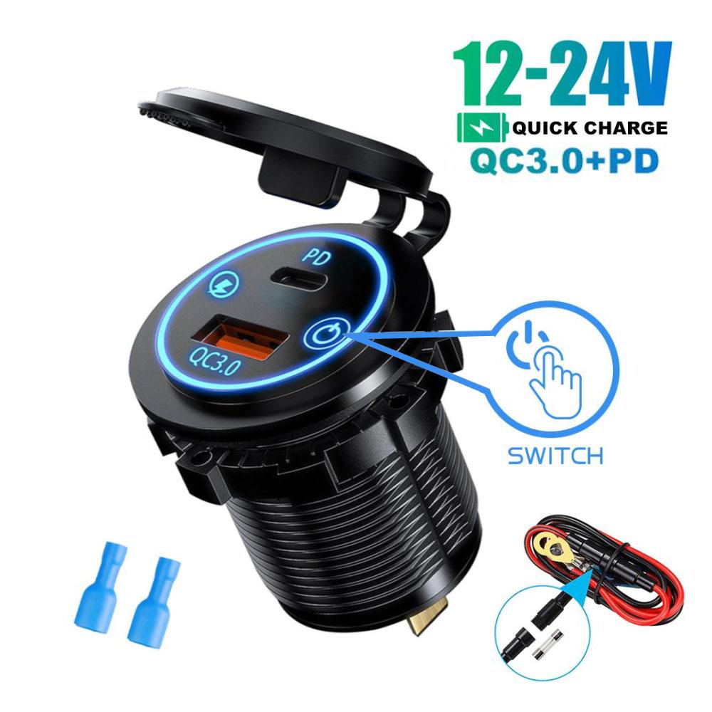 IP65 Waterproof 12-24V Car Charger Socket, PD QC3.0 Dual USB Type C Fast Charging Power Outlet with ON/OFF Switch for Motorcycle, Truck, RV, ATV, Boat