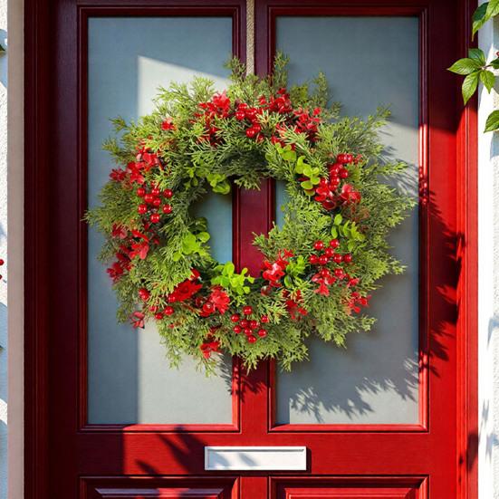 16 Inch Christmas Wreath with Red Berries Artificial Eucalyptus And Cedar Leaf Wreath for Holiday Front Door Wall Home Decoration