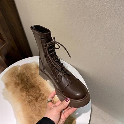 2025 New Autumn and Winter Martin Boots Women's Boots Leather Wind Boots Brown Short Boots Inner Height Increase Elastic Thin Boots