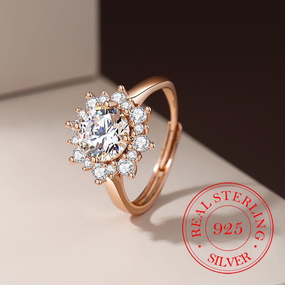 

925 Sterling Silver Jewelry 18K Gold Plated Crystal Sunflower Finger Rings for Women Wedding Party Jewelry for Girls Friend Gift resizable