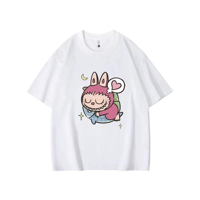 Summer Round Neck Labubu Pattern Printed Top Fashionable Casual Pure Cotton Short Sleeved Women's T-shirts