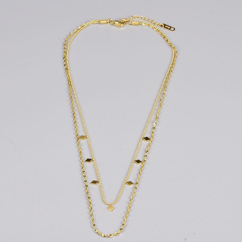 Double Layer Geometric Rhombus Sequin Pendant Necklace Women 18K Gold Plated Titanium Steel Hypoallergenic Fade-Resistant