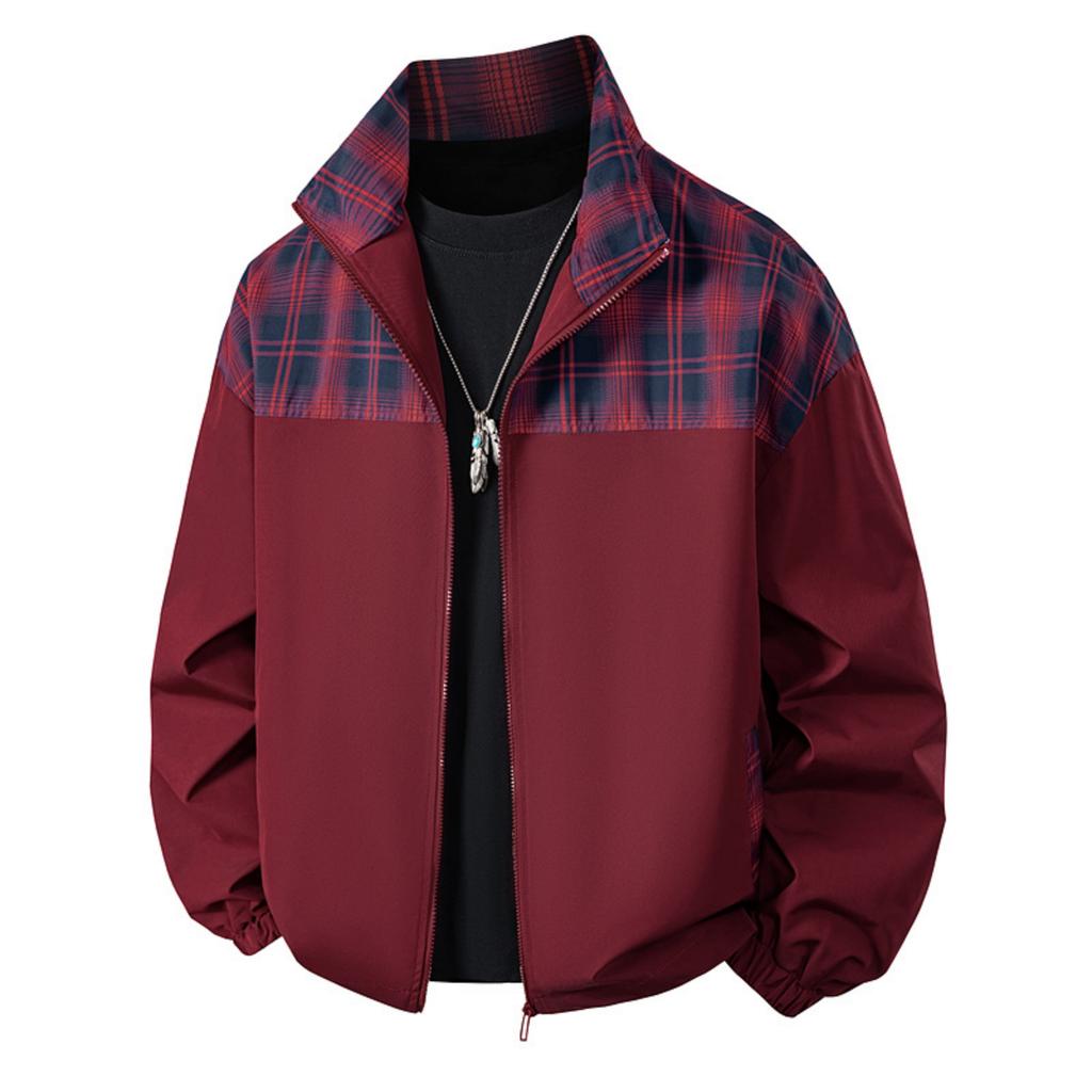 Men's Casual Color-blocked Two-sided Jacket, Men's Loose Patchwork Checkered Jacket