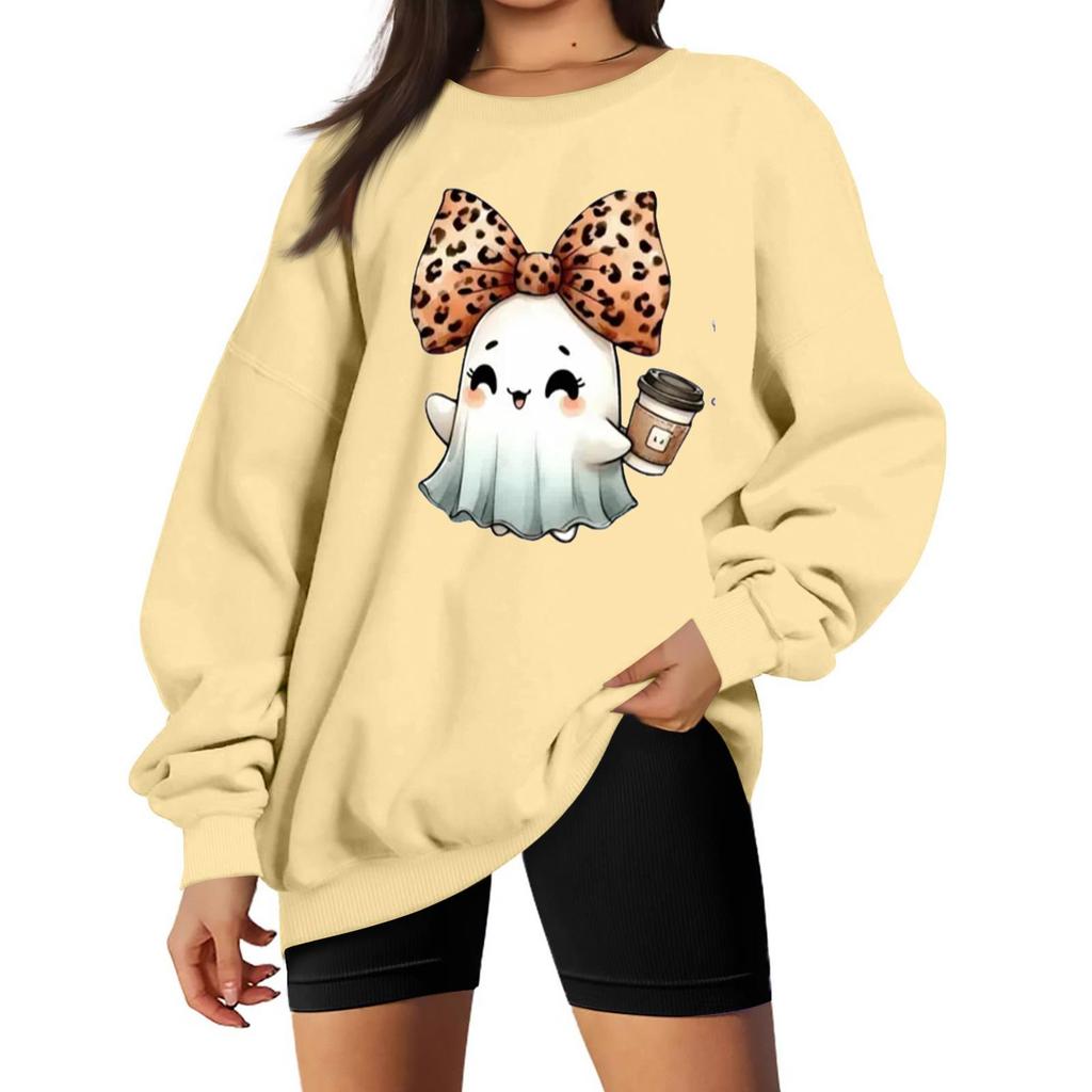 Women's Long Sleeve Neck Sweatshirt Loose Fit Casual Pullover Top, Color and Halloween Small Print