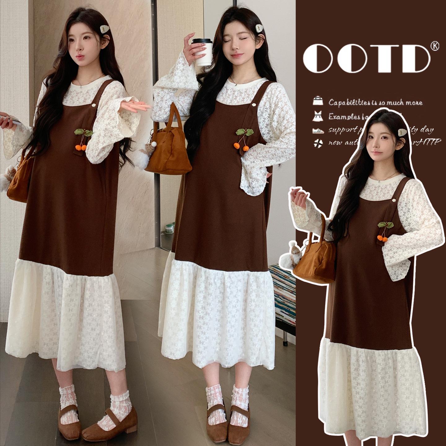 

2026 Lace Long-Sleeve Base Layer & Color Block Loose Strap Maternity Dress Set 2XL
