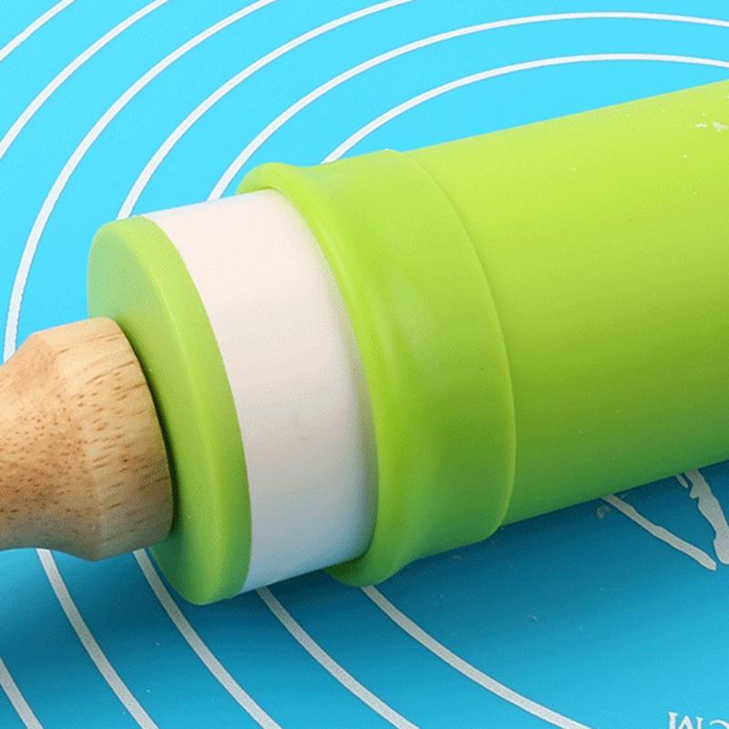 Non-Stick Silicone Rolling Pin with Wooden Handles for Baking, Pastry Dough Roller, Fondant, Pizza, etc.  30cm