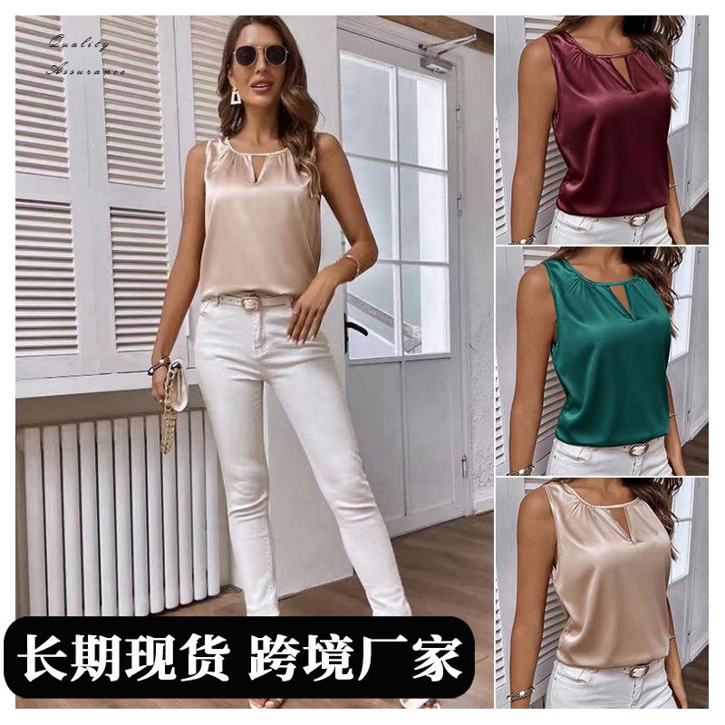 Damen Türkis Satin Schlüsselloch Ausschnitt Raffung Ärmellose Bluse