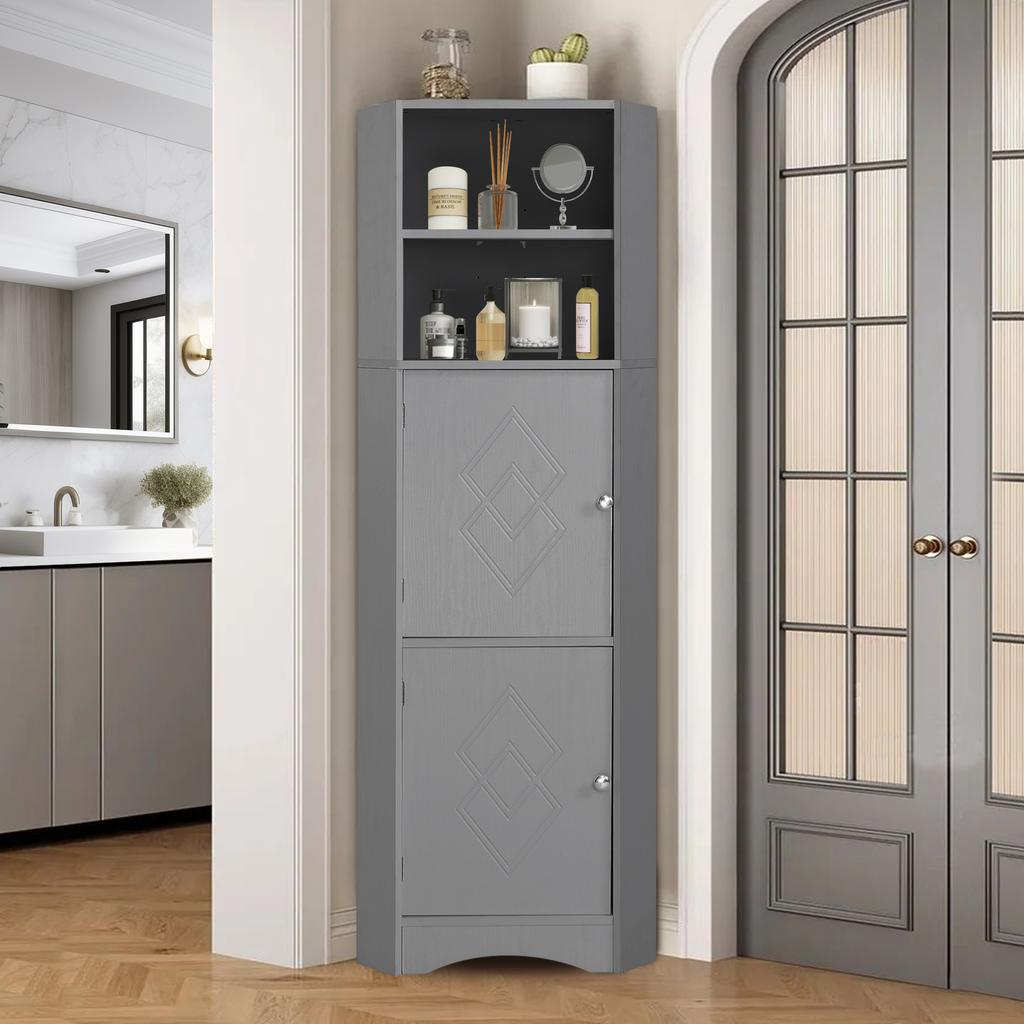 Badezimmerschrank, Eckschrank mit zwei Staufächern, Offenes Fach mit verstellbarem Einlegeboden, 36,5 x 36,5 x 155 cm, Hellgrau