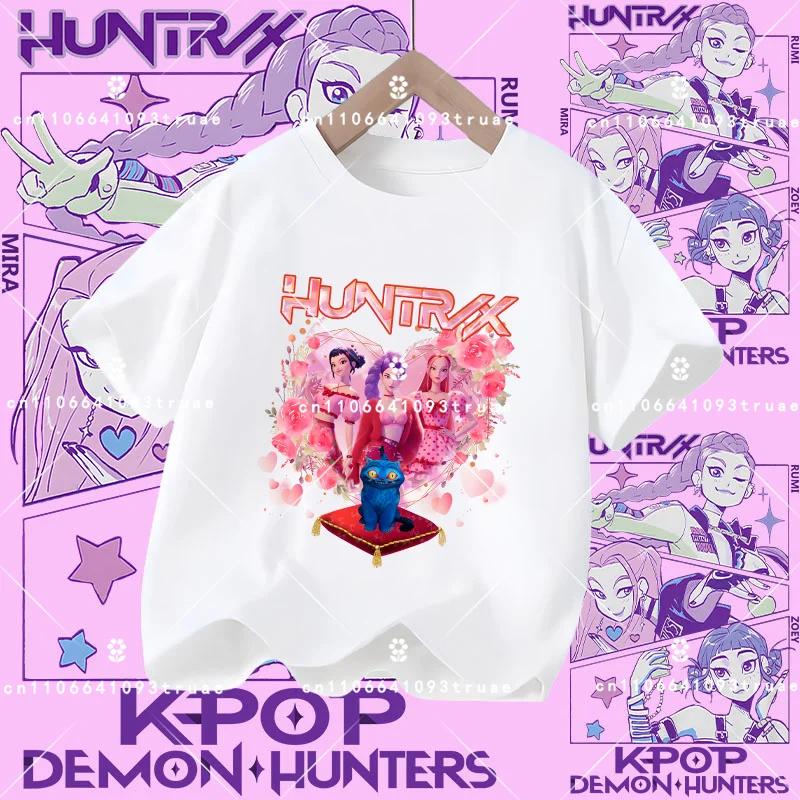 Summer T-shirt casual top with cartoon print, children's pure Polyester short-sleeved K-pop Demon Hunter girl cute sports shirt