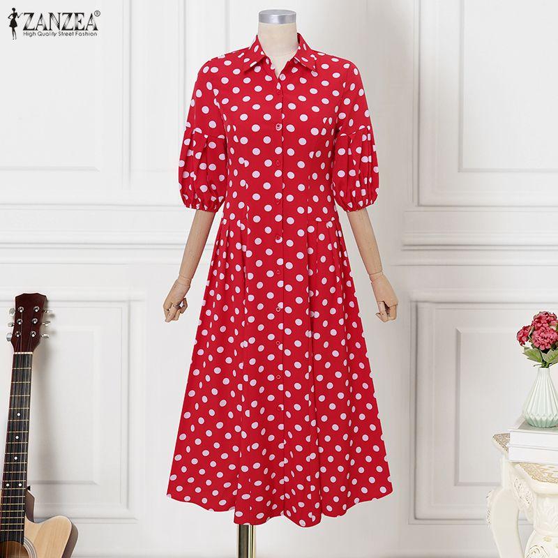 ZANZEA Vintage Damen Casual Umlegekragen Locker Halbarmlig Gepunktet Plissiertes Kleid