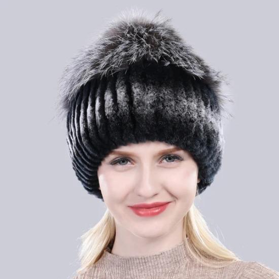 New Outdoor Good Elastic Natural Rex Rabbit Fur Hat Women Winter Knitted Real Sliver Fox Fur Cap Lady Real Fur Hats