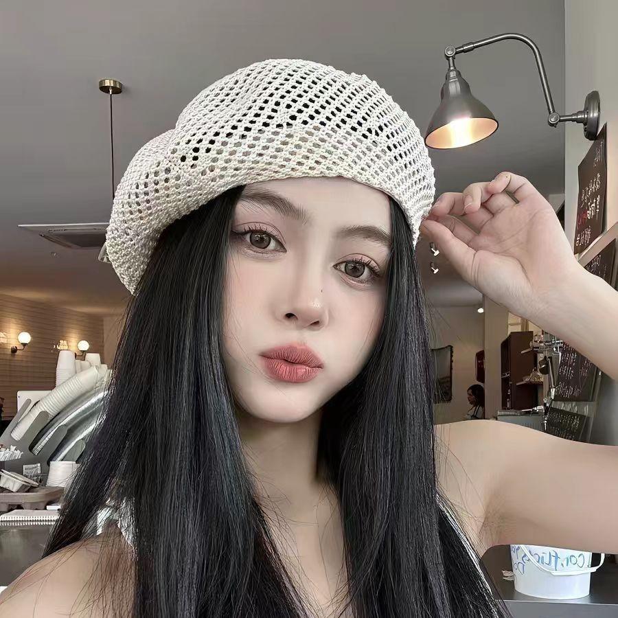 Summer Mesh Women'S Berets Braided Newsboy Cap Ladies Hollow Out Net Caps Soft Flat Top Beach Sun Hat Women Painter Caps