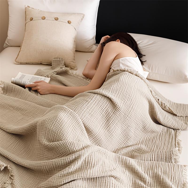 Coperta Morbida Traspirante in Mussola Waffle di Cotone 100% con Frange per Divano Letto Ufficio Viaggio
