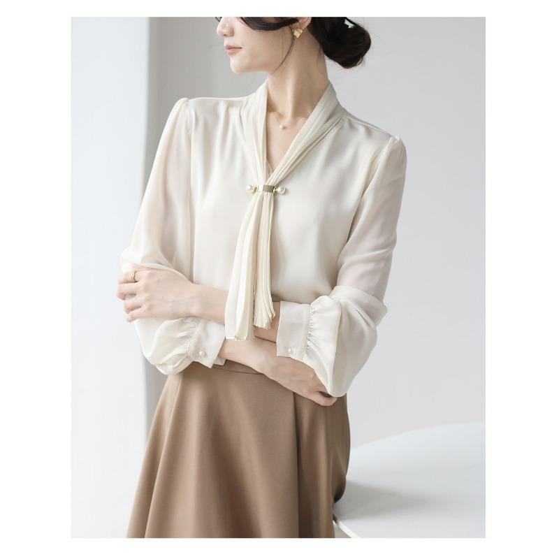 Spring and Autumn New Style French Gentle Commuting Retro Niche Streamer Long-sleeved Shirt for Women