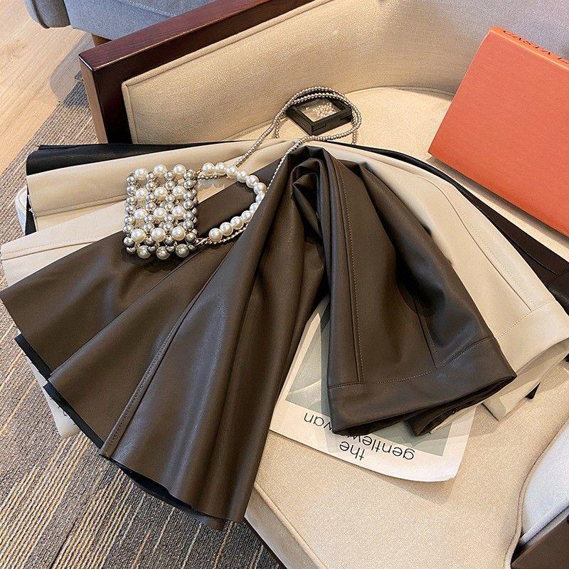 Fließender Hepburn-Stil A-Linien-Rock aus PU-Leder - Hohe Taille Mittellang für Damen