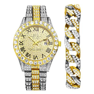 Men's Two-Piece Diamond Watch Bracelet Set: Analogue Watch with Roman Alphabet, Calendar, Waterproof Quartz Movement, Simple and Stylish Men's