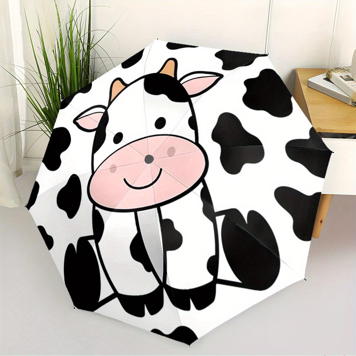 Automatic Folding Umbrella with Smiling Cartoon Cow Design - Black & White Cow Print, 8-Rib Sturdy Frame, Automatic Open/Close