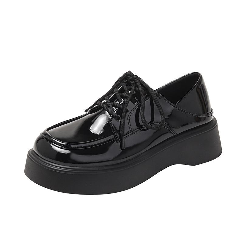Fashion “British - Style” Patent - Leather Lace - Up Chunky Shoes, Black Round Toe, Ideal for Daily & Office Looks