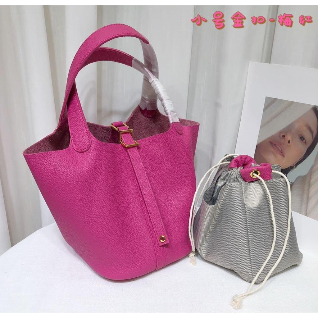 Spot wholesale top layer cowhide vegetable basket bag leather bucket bag commuter fashion lock buckle hand-held handbag woman