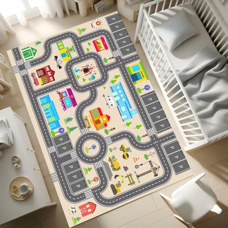 Stadtplan Spielteppich für Kinderzimmer Bunte Stadtstraßen-Strecken Teppich Spielzeugautos Interaktiver Spielzimmer-Bodenbelag Kinderzimmer Kleinkind Schlafzimmer