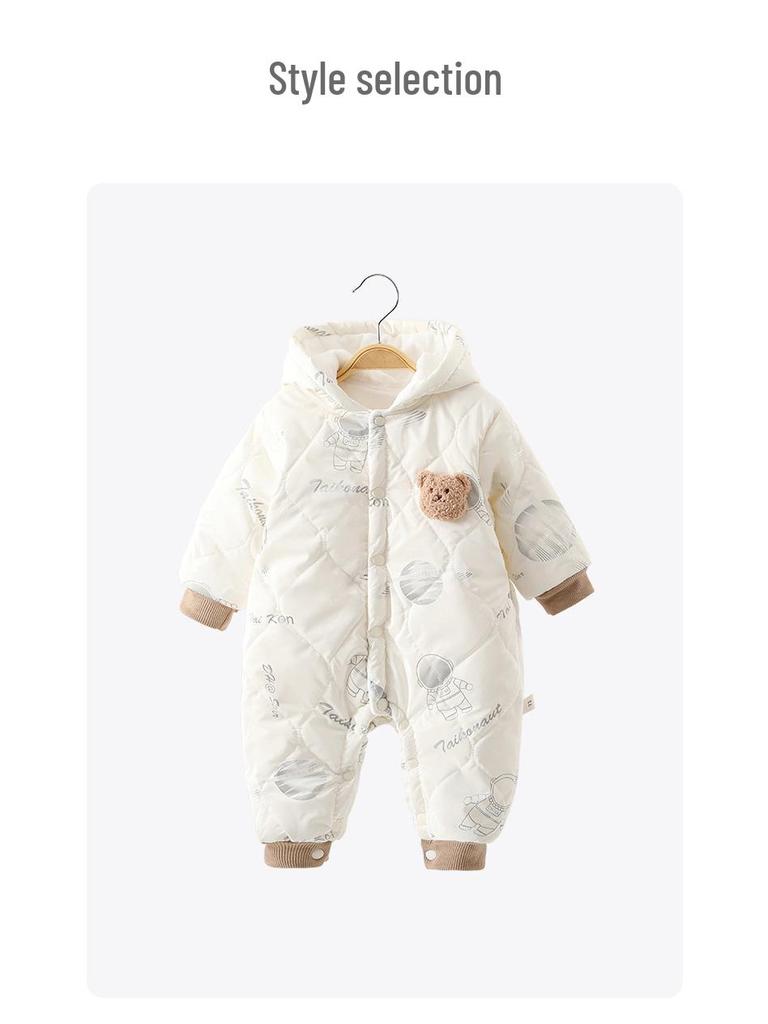 Baby Fleece Lined Hooded Quilted Romper - Autumn/Winter Cotton Jumpsuit for Infants & Toddlers
