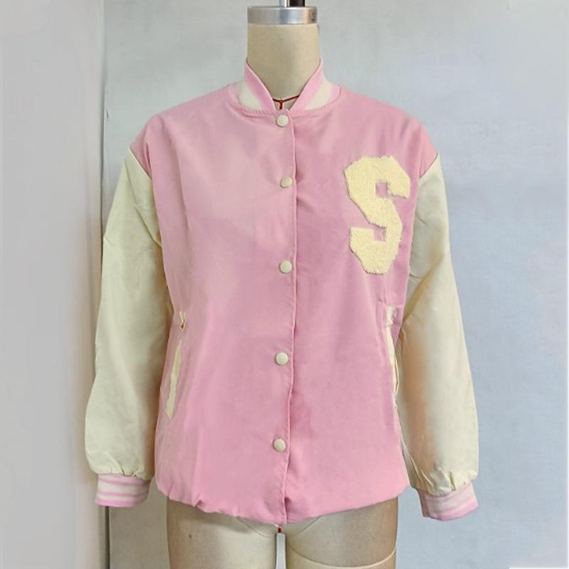 Jaqueta de beisebol solta com emenda de cores contrastantes para mulheres outono