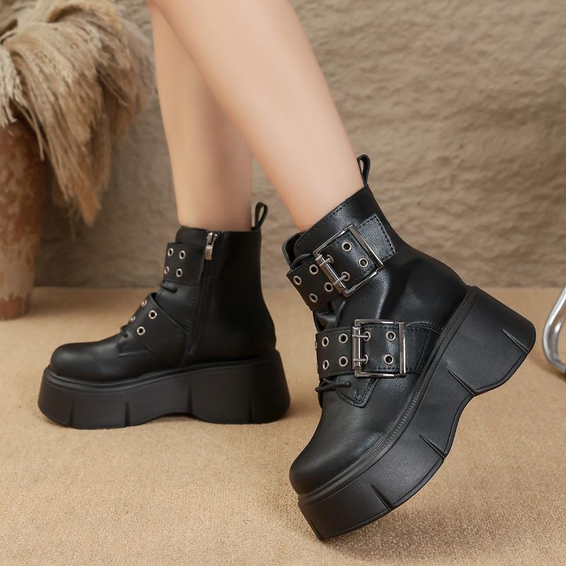 Studded Metal Buckle Wedge Booties Fashion Round Toe Side Zipper Platform Non-Slip Wear-Resistant High Heels